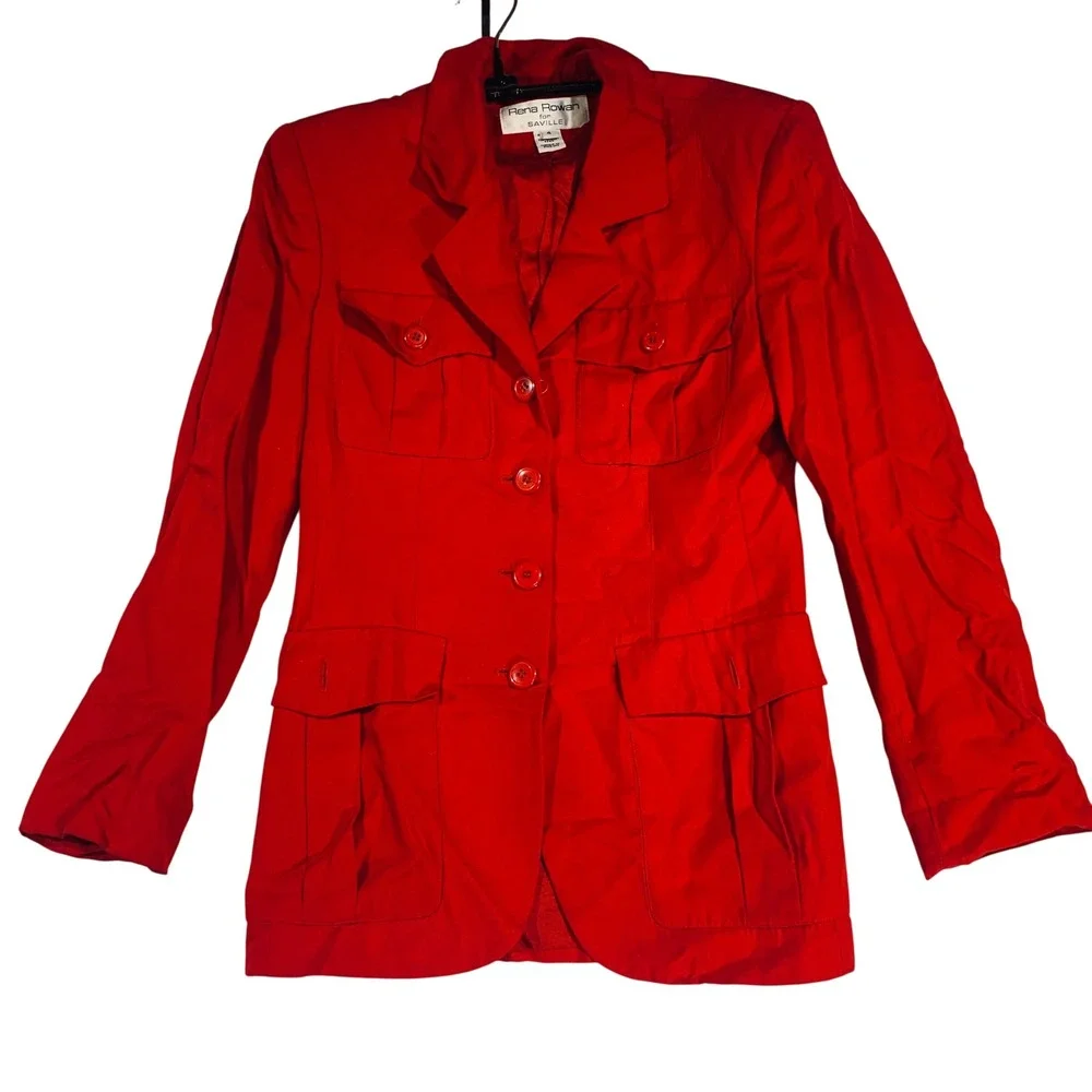 VTG Made In US25 Rena Rowan Blazer Jacket Red Button Front Pockets Career Size 4